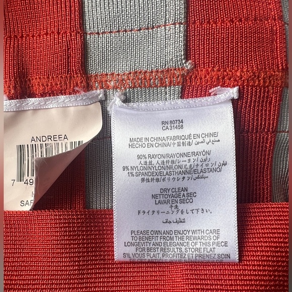 Herve Leger Andreea Striped Bandage Dress Size S  Orange & Grey  V-Neck Bodycon - Picture 9 of 9